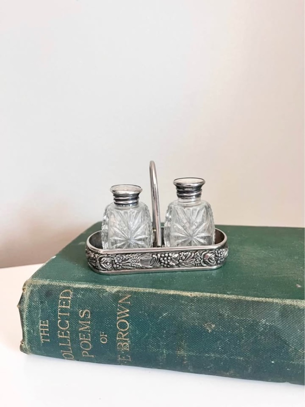 Vintage Glass Salt and Pepper Shakers Mother of Pearl tops Starburst Design